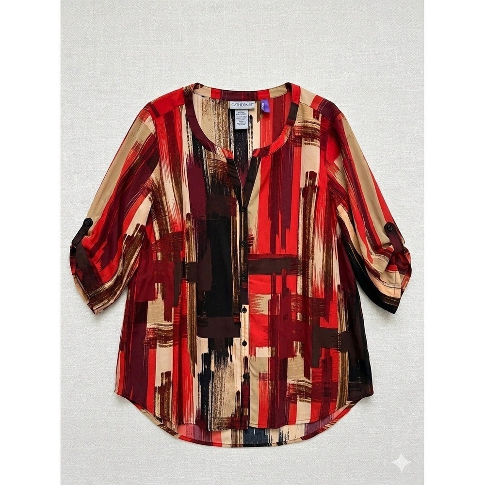 Catherines Art To Wear Abstract Print Button Shirt 3X Petite Fall Red Roll Tab